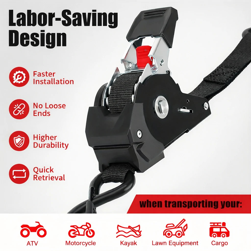 1" x 10' Retractable Ratchet Straps - 1650lbs Heavy Duty Labor-saving design