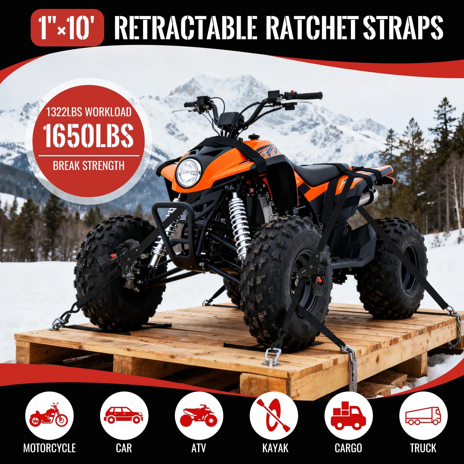 1" x 10' Auto Retractable Ratchet Straps - 1650lbs Heavy Duty