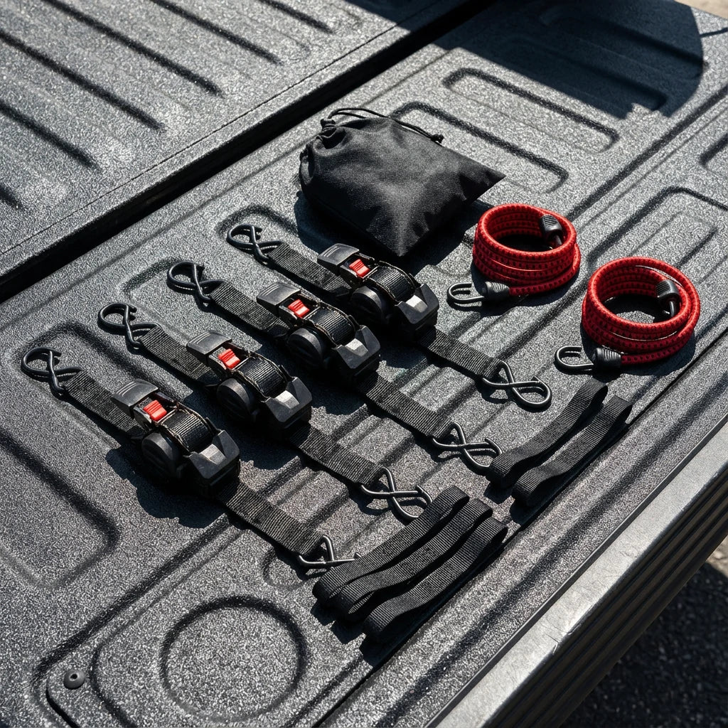 1" x 10' Retractable Ratchet Straps set- incloud 4 Retractable Ratchet Straps with 8 Soft Loops & 2 Bungee Cords