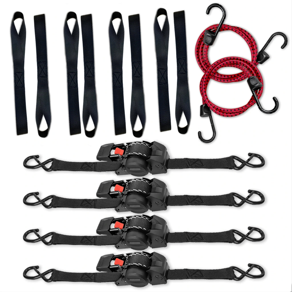 BOODAA Retractable Ratchet Strap Main01- 4 retractable Ratchet Strap, 8soft loop tie downs,2 Bungee Cord with Hooks