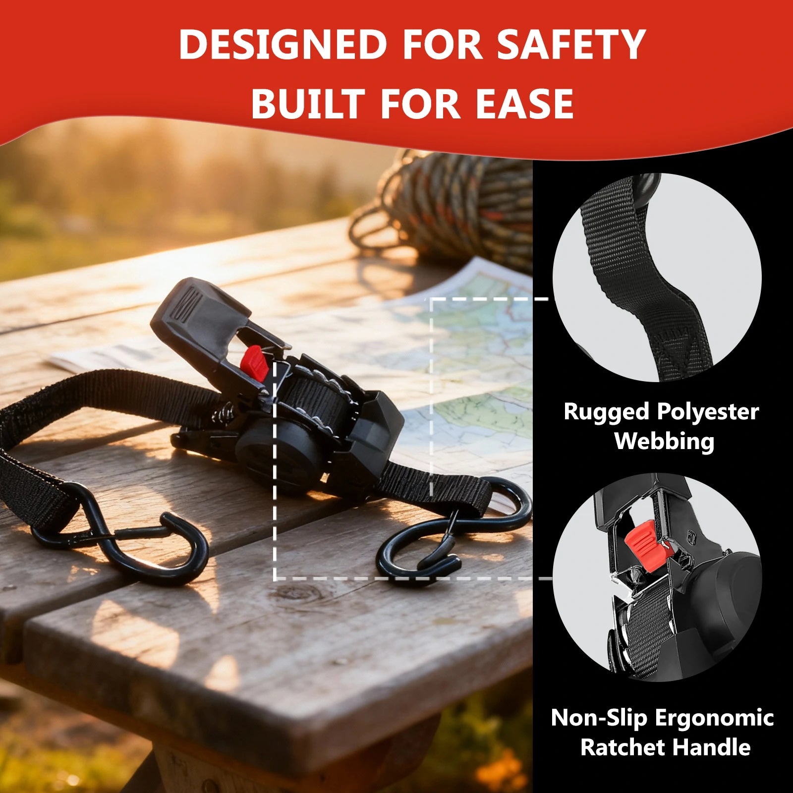 BOODAA_Retractable_Ratchet_Strap_Main_2 Rugged Polyester Webbing & Non-Slip Ergonomic Ratchet Handle
