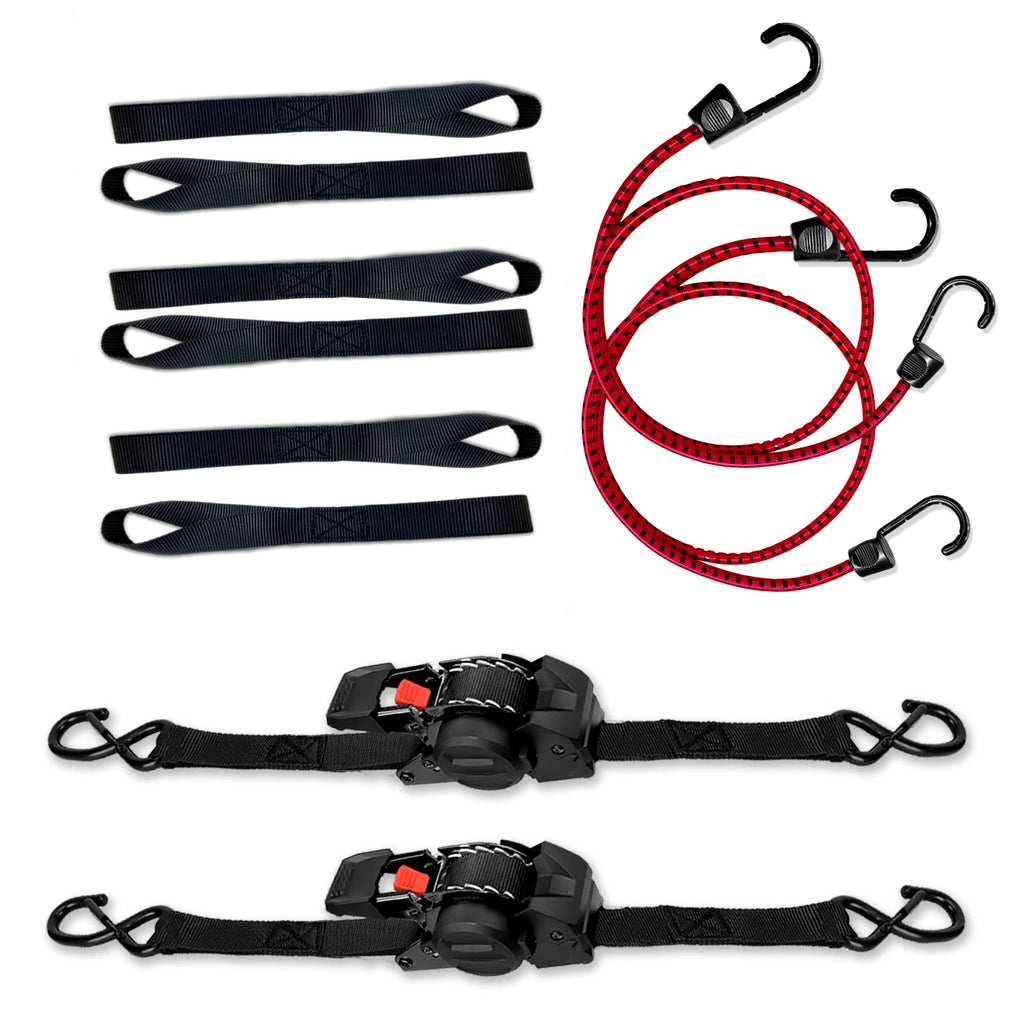 BOODAA Retractable Ratchet Strap Main01- 2 retractable Ratchet Strap, 6 soft loop tie downs,2 Bungee Cord with Hooks