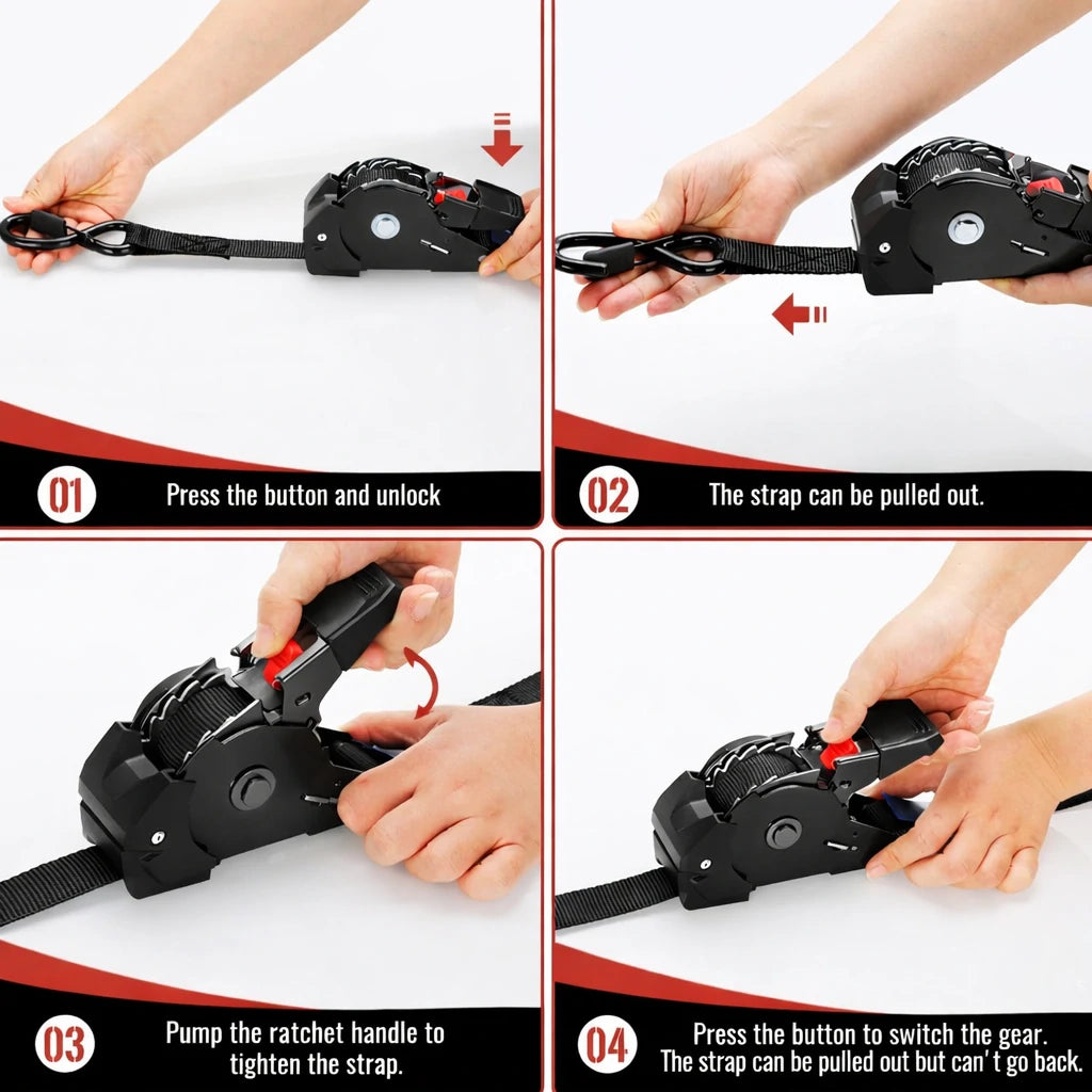 1" x 10' Auto Retractable Ratchet Straps - 1650lbs Heavy Duty